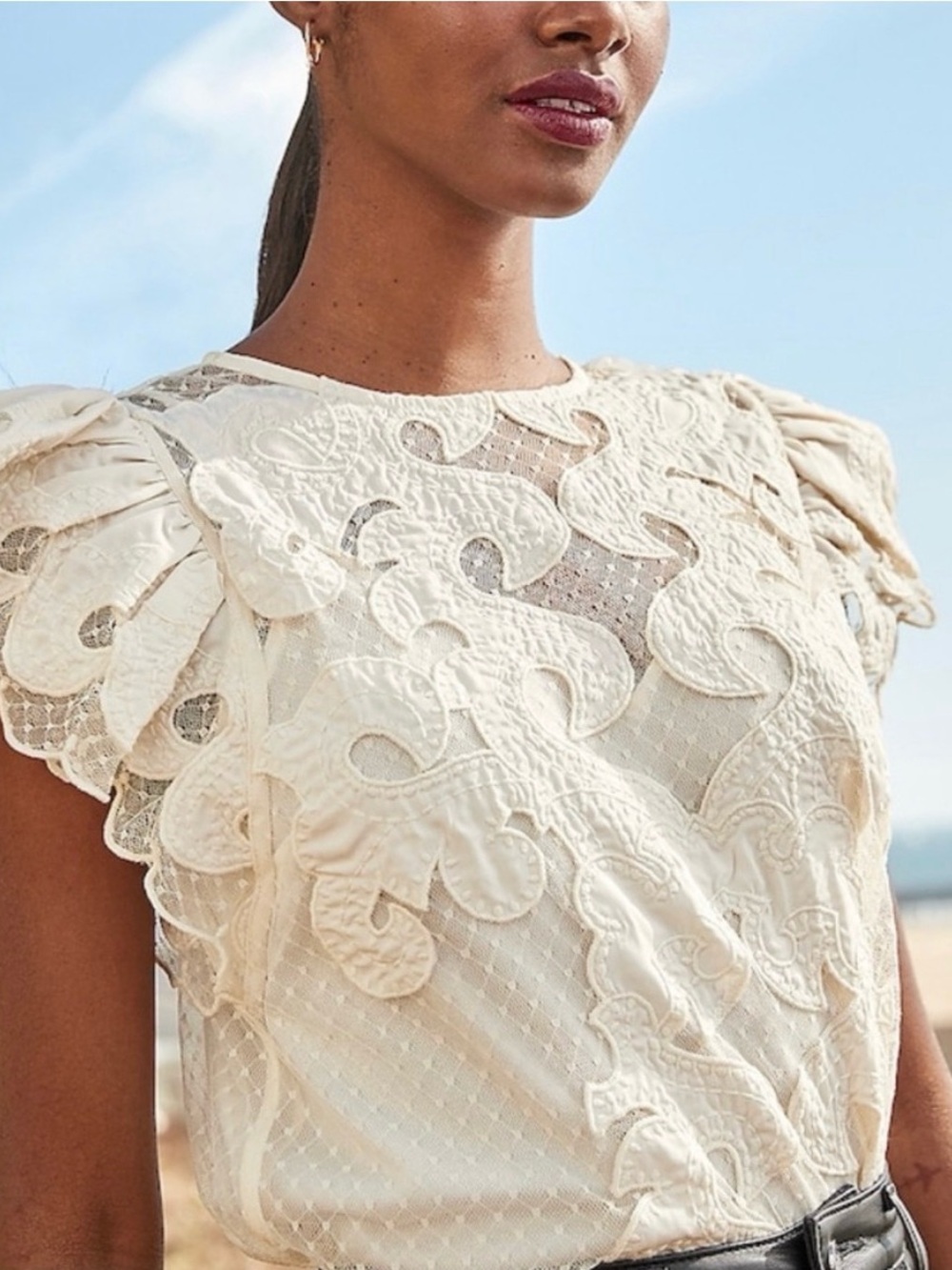 Express Ivory Lace Appliqué Puff Sleeve, built in camisole top